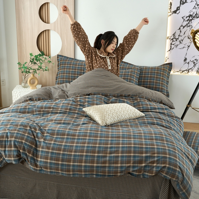 91家纺网 家纺一手货源 找家纺 三沁家居 2025新款格子色织全棉水洗棉四件套直播爆款量大价优 苏格兰蓝