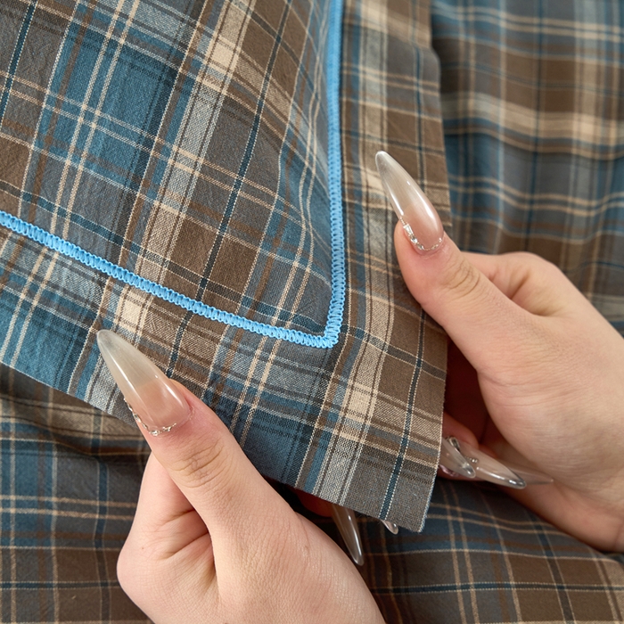 91家纺网 家纺一手货源 找家纺 三沁家居 2025新款格子色织全棉水洗棉四件套直播爆款量大价优 苏格兰蓝