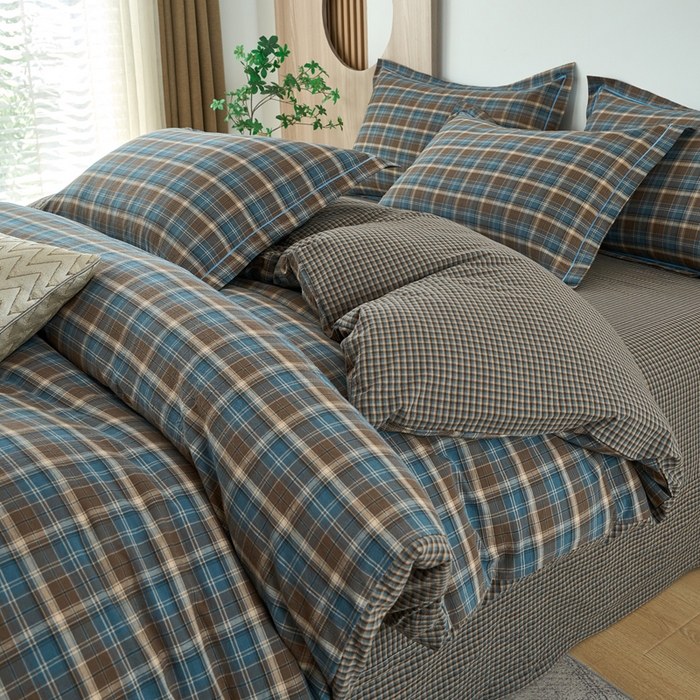 91家纺网 家纺一手货源 找家纺 三沁家居 2025新款格子色织全棉水洗棉四件套直播爆款量大价优 苏格兰蓝