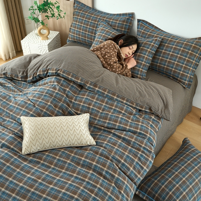 91家纺网 家纺一手货源 找家纺 三沁家居 2025新款格子色织全棉水洗棉四件套直播爆款量大价优 苏格兰蓝