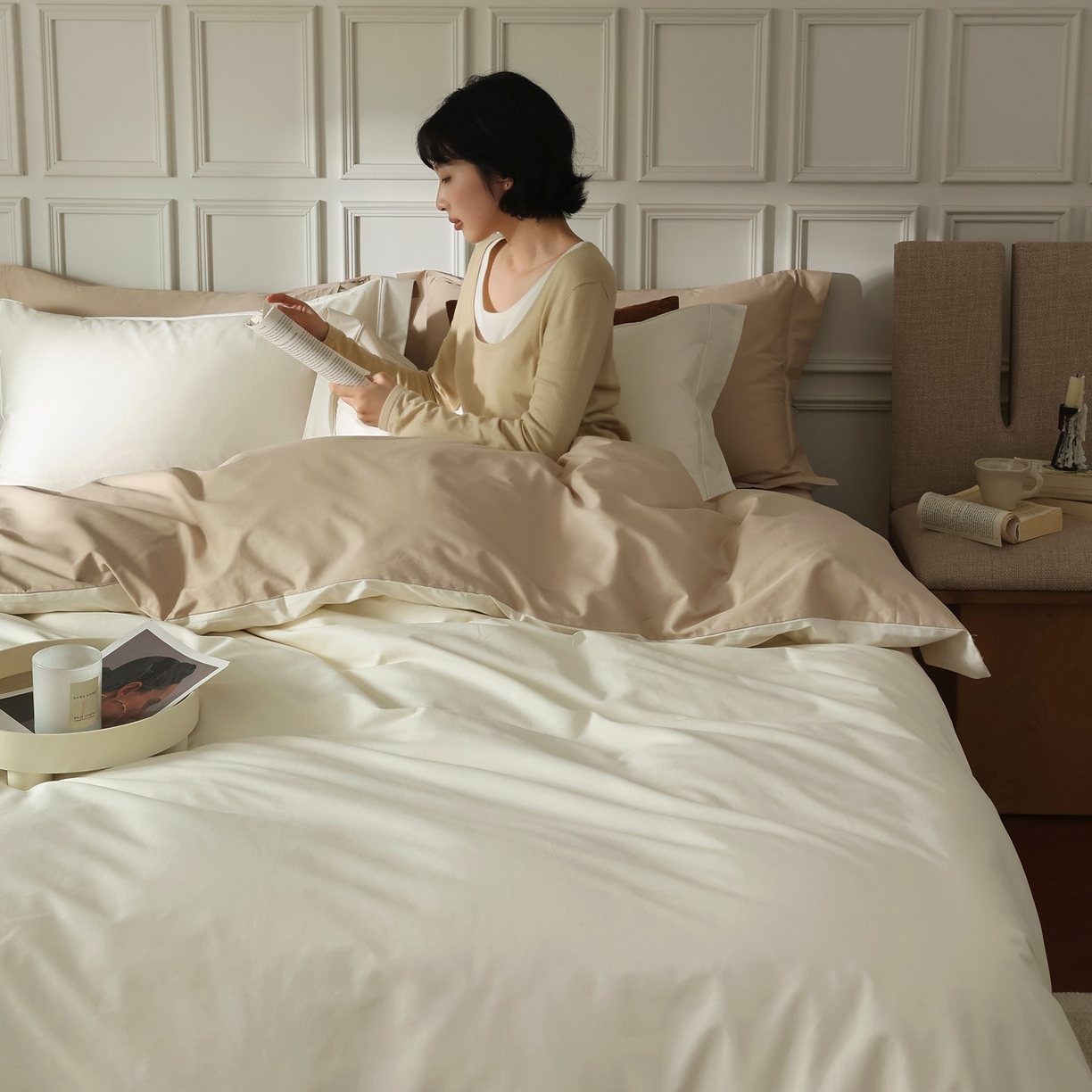 91家纺网 家纺一手货源 找家纺 万盛家纺 2026新款全棉宽边埋绳四件套（拍图一） 茶白-太妃咖