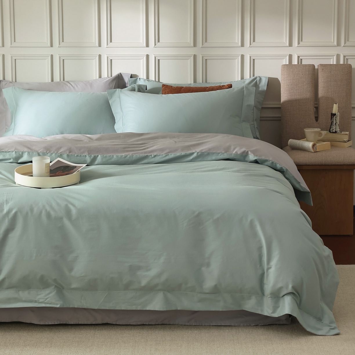 91家纺网 家纺一手货源 找家纺 万盛家纺 2026新款全棉宽边埋绳四件套（拍图一） 湖绿-玄铁灰