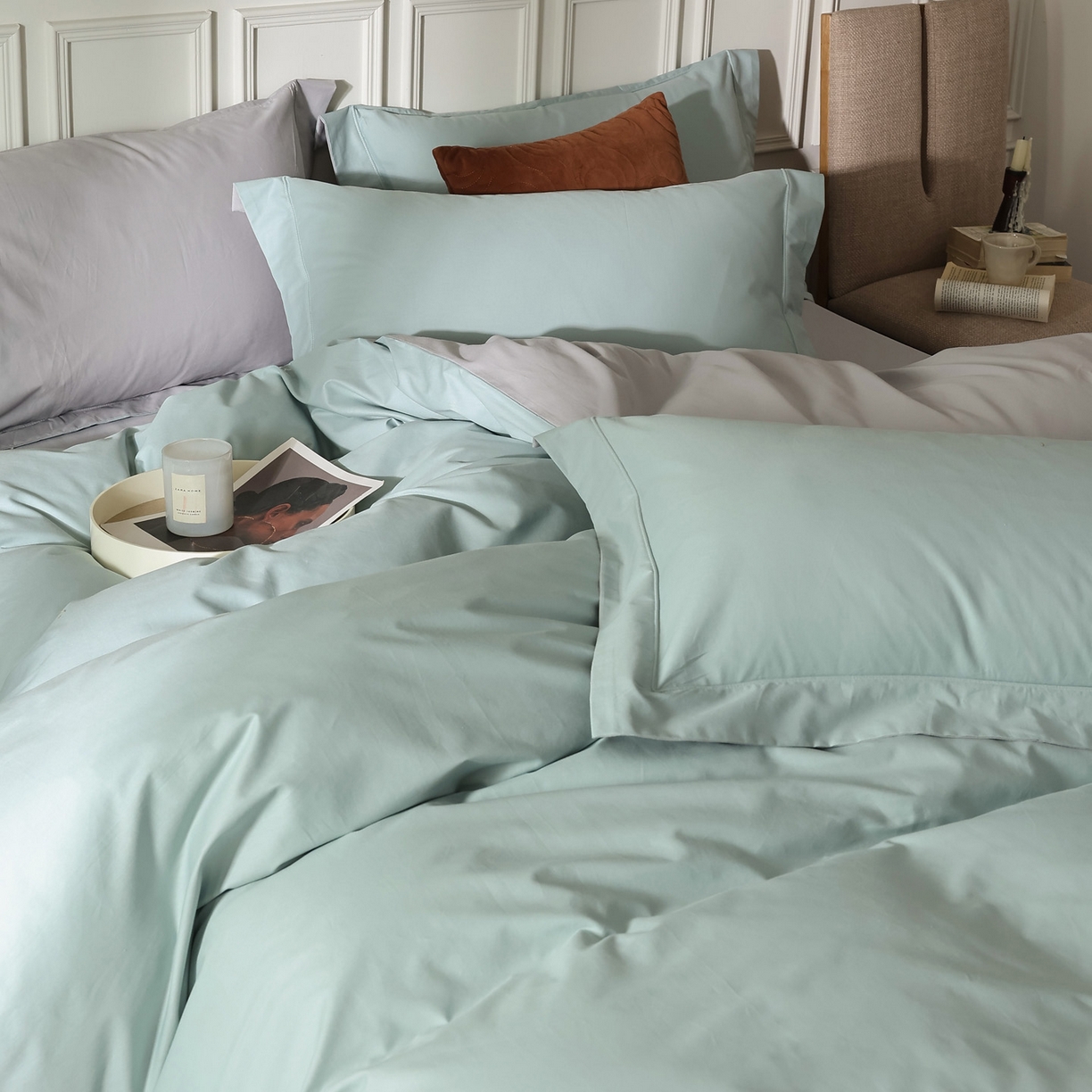 91家纺网 家纺一手货源 找家纺 万盛家纺 2026新款全棉宽边埋绳四件套（拍图一） 湖绿-玄铁灰