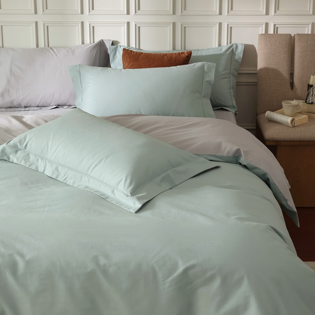 91家纺网 家纺一手货源 找家纺 万盛家纺 2026新款全棉宽边埋绳四件套（拍图一） 湖绿-玄铁灰