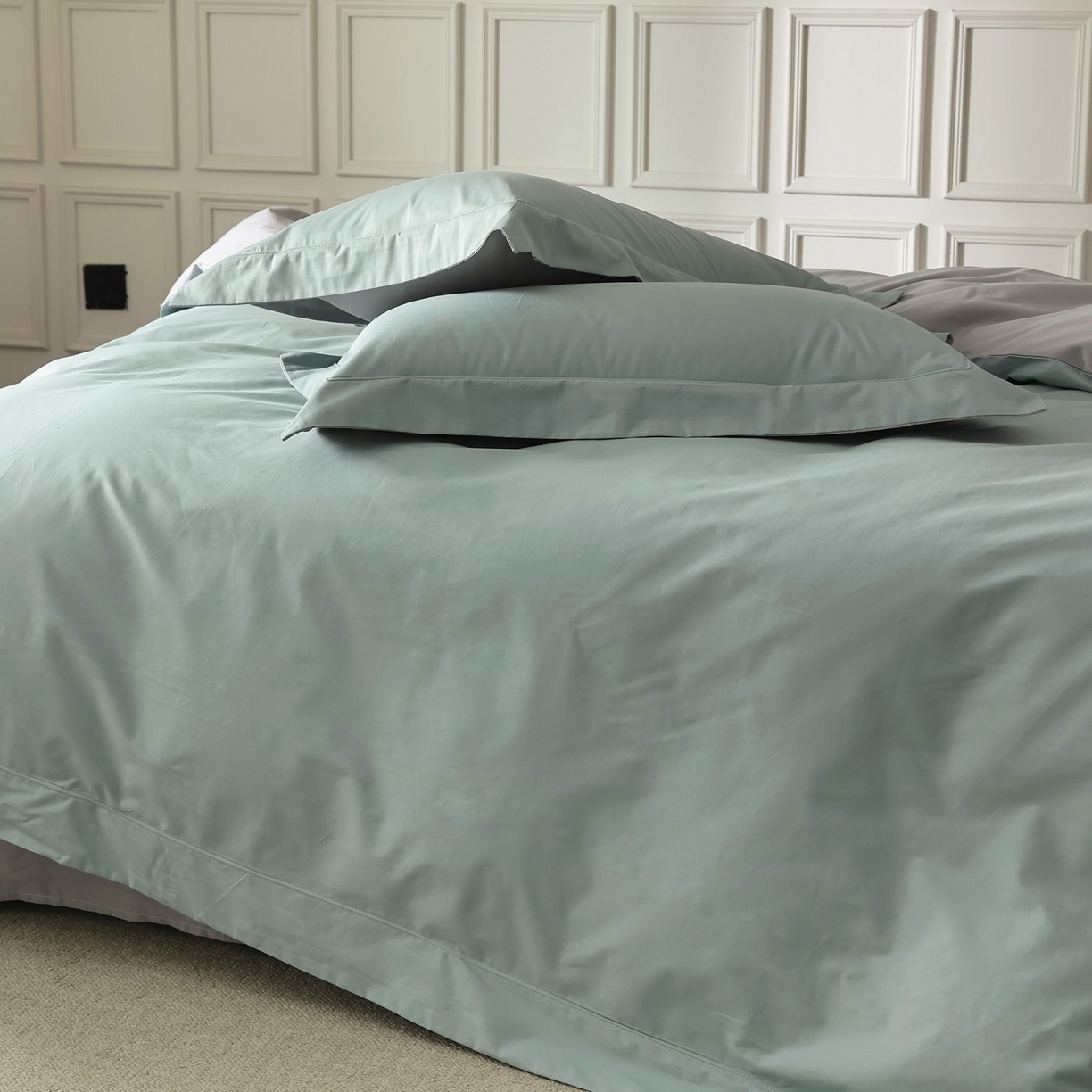 91家纺网 家纺一手货源 找家纺 万盛家纺 2026新款全棉宽边埋绳四件套（拍图一） 湖绿-玄铁灰