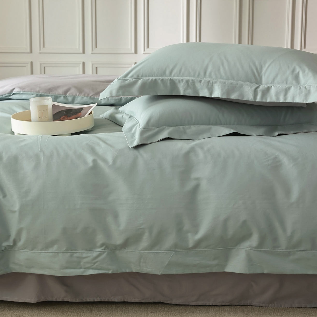 91家纺网 家纺一手货源 找家纺 万盛家纺 2026新款全棉宽边埋绳四件套（拍图一） 湖绿-玄铁灰