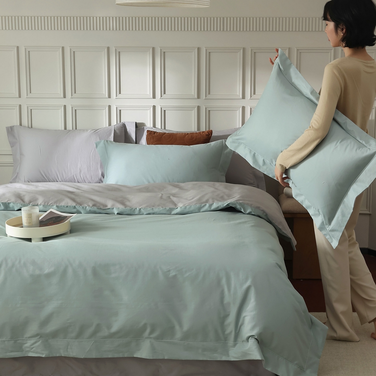 91家纺网 家纺一手货源 找家纺 万盛家纺 2026新款全棉宽边埋绳四件套（拍图一） 湖绿-玄铁灰