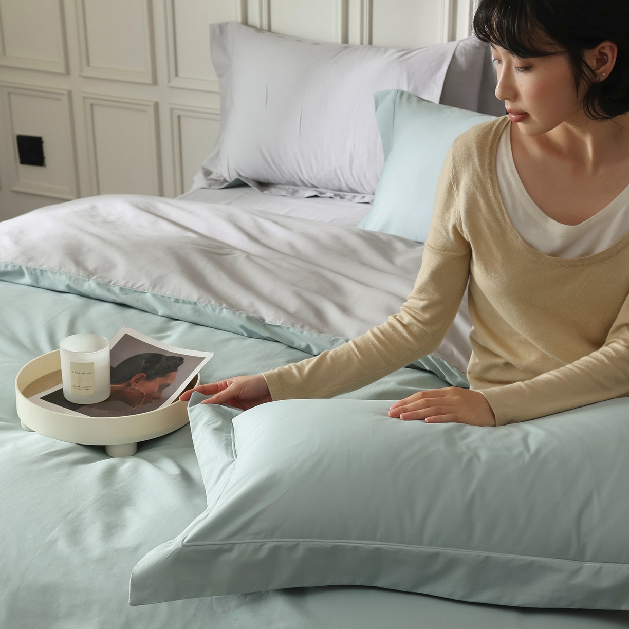 91家纺网 家纺一手货源 找家纺 万盛家纺 2026新款全棉宽边埋绳四件套（拍图一） 湖绿-玄铁灰