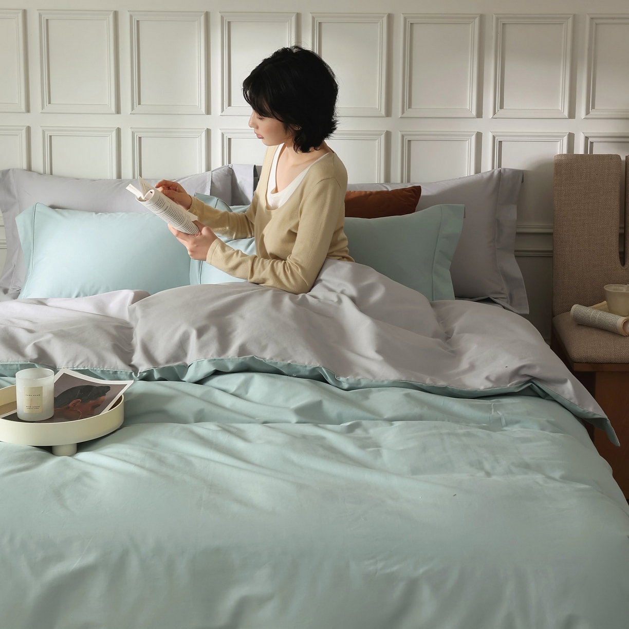 91家纺网 家纺一手货源 找家纺 万盛家纺 2026新款全棉宽边埋绳四件套（拍图一） 湖绿-玄铁灰