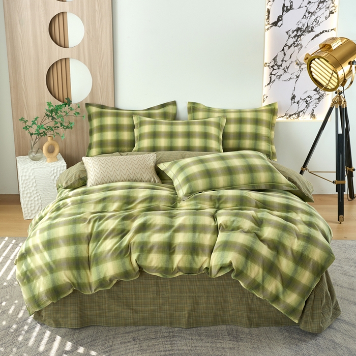 91家纺网 家纺一手货源 找家纺 三沁家居 2025新款格子色织全棉水洗棉四件套直播爆款量大价优 炫彩绿
