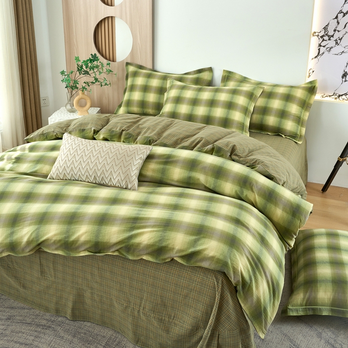 91家纺网 家纺一手货源 找家纺 三沁家居 2025新款格子色织全棉水洗棉四件套直播爆款量大价优 炫彩绿