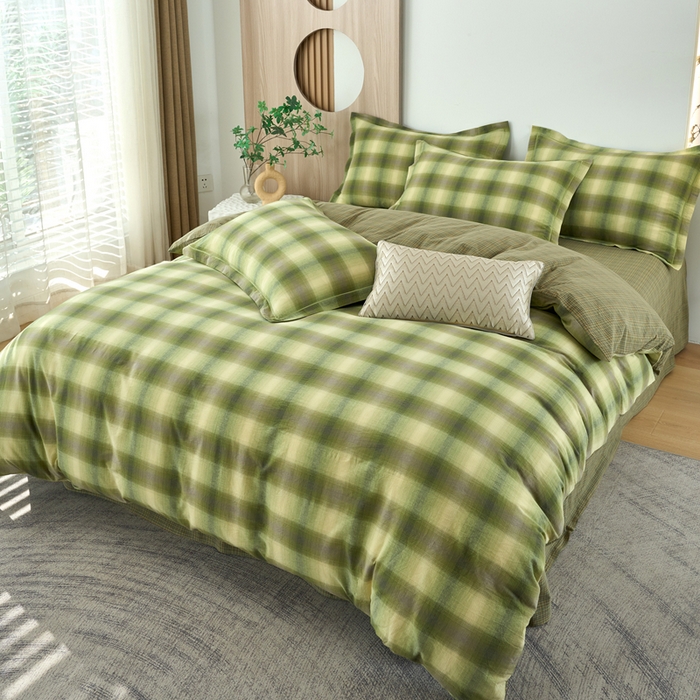 91家纺网 家纺一手货源 找家纺 三沁家居 2025新款格子色织全棉水洗棉四件套直播爆款量大价优 炫彩绿