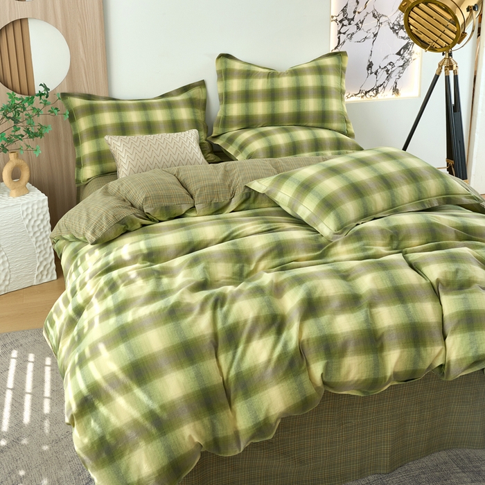 91家纺网 家纺一手货源 找家纺 三沁家居 2025新款格子色织全棉水洗棉四件套直播爆款量大价优 炫彩绿