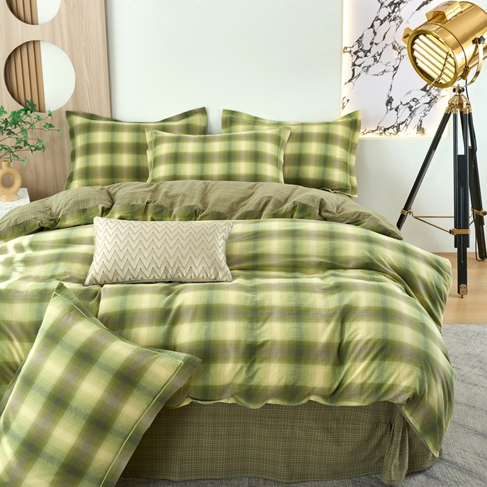 91家纺网 家纺一手货源 找家纺 三沁家居 2025新款格子色织全棉水洗棉四件套直播爆款量大价优 炫彩绿