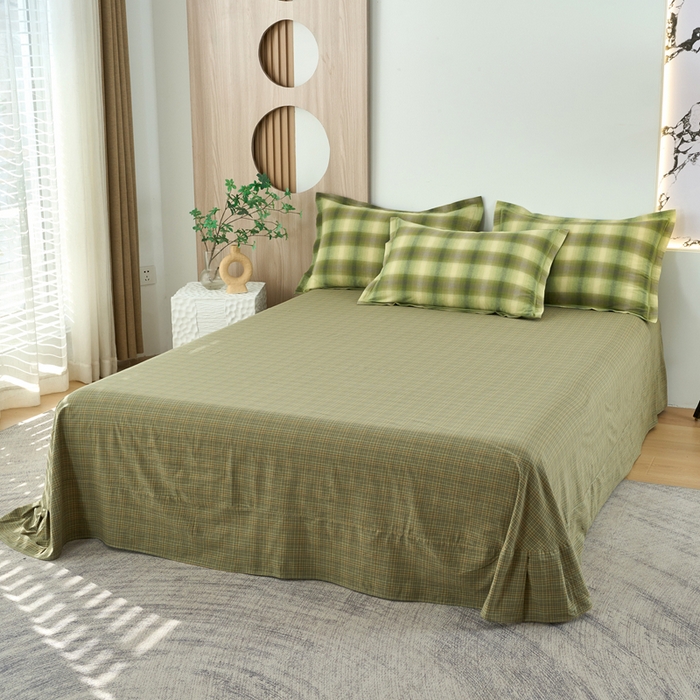 91家纺网 家纺一手货源 找家纺 三沁家居 2025新款格子色织全棉水洗棉四件套直播爆款量大价优 炫彩绿