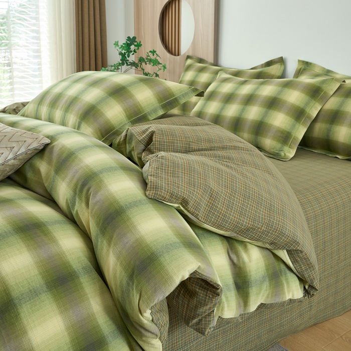 91家纺网 家纺一手货源 找家纺 三沁家居 2025新款格子色织全棉水洗棉四件套直播爆款量大价优 炫彩绿