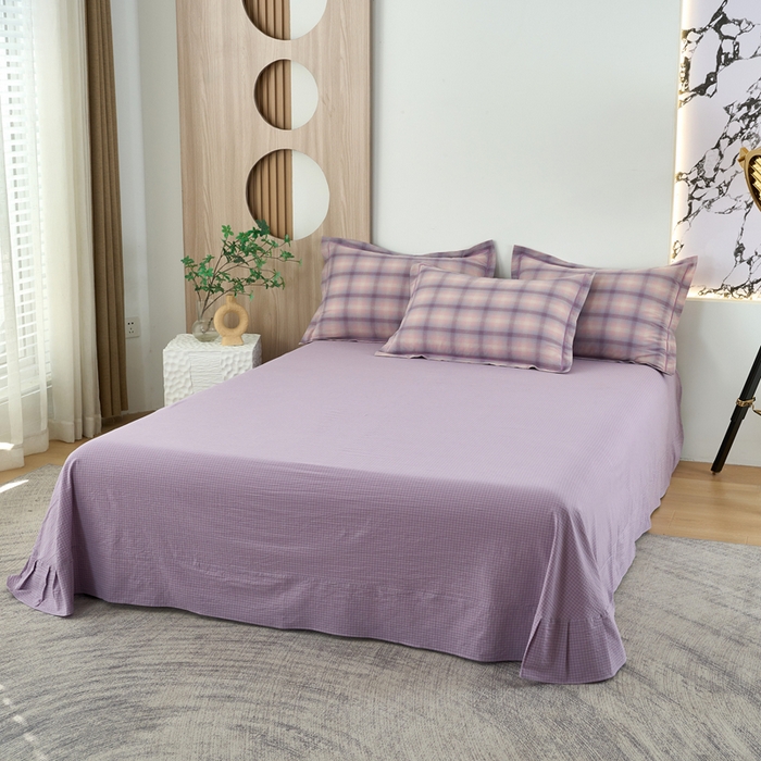 91家纺网 家纺一手货源 找家纺 三沁家居 2025新款格子色织全棉水洗棉四件套直播爆款量大价优 炫彩紫