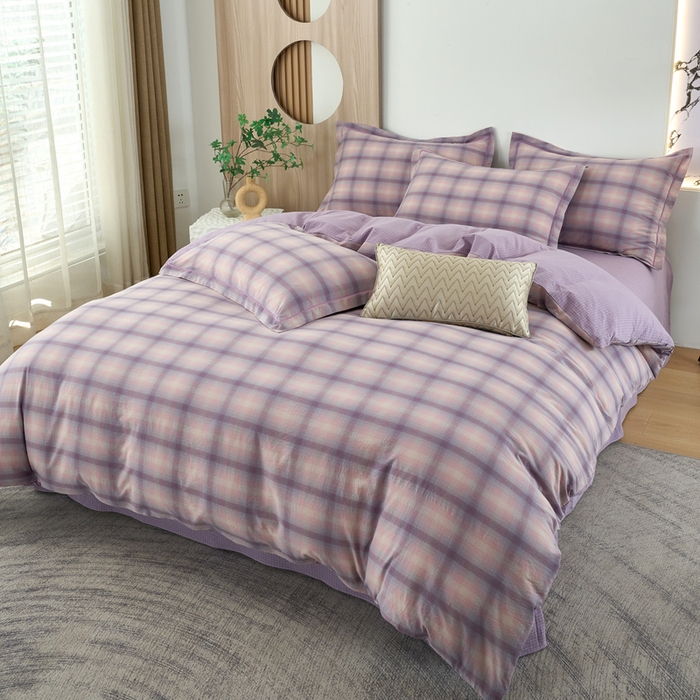 91家纺网 家纺一手货源 找家纺 三沁家居 2025新款格子色织全棉水洗棉四件套直播爆款量大价优 炫彩紫