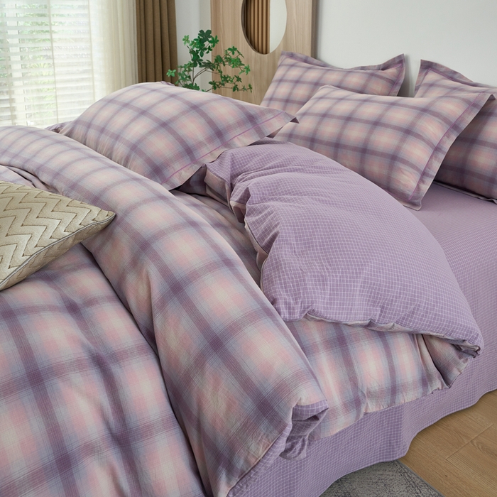 91家纺网 家纺一手货源 找家纺 三沁家居 2025新款格子色织全棉水洗棉四件套直播爆款量大价优 炫彩紫