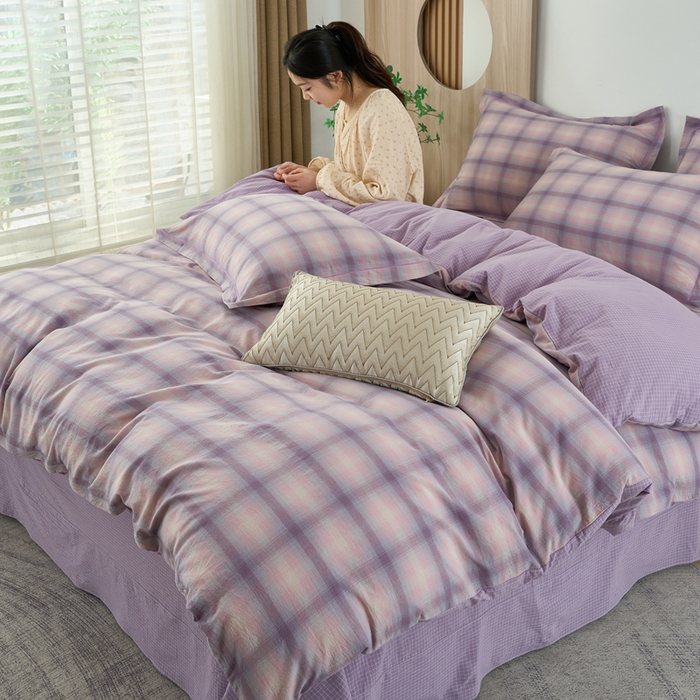 91家纺网 家纺一手货源 找家纺 三沁家居 2025新款格子色织全棉水洗棉四件套直播爆款量大价优 炫彩紫