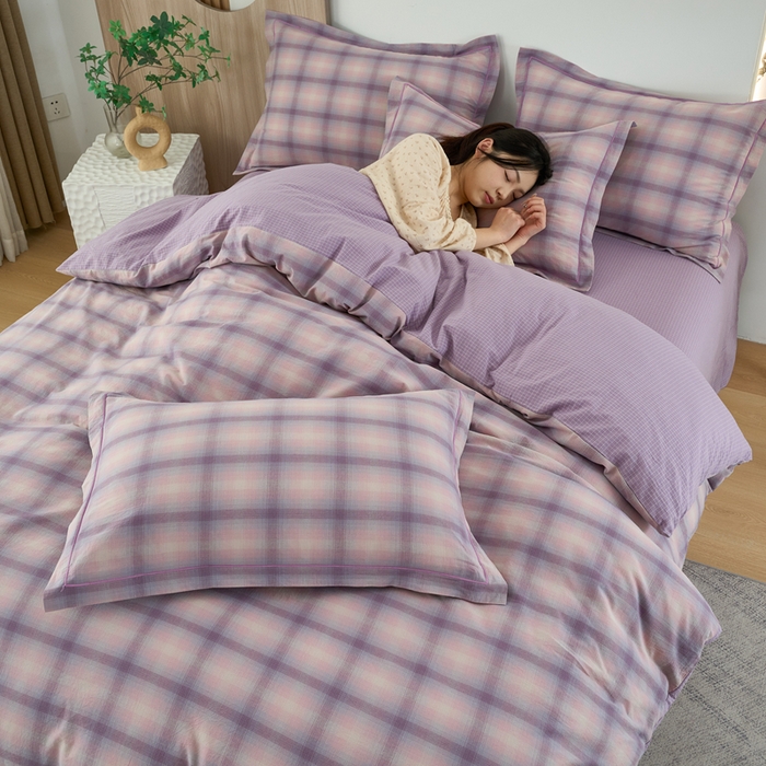 91家纺网 家纺一手货源 找家纺 三沁家居 2025新款格子色织全棉水洗棉四件套直播爆款量大价优 炫彩紫