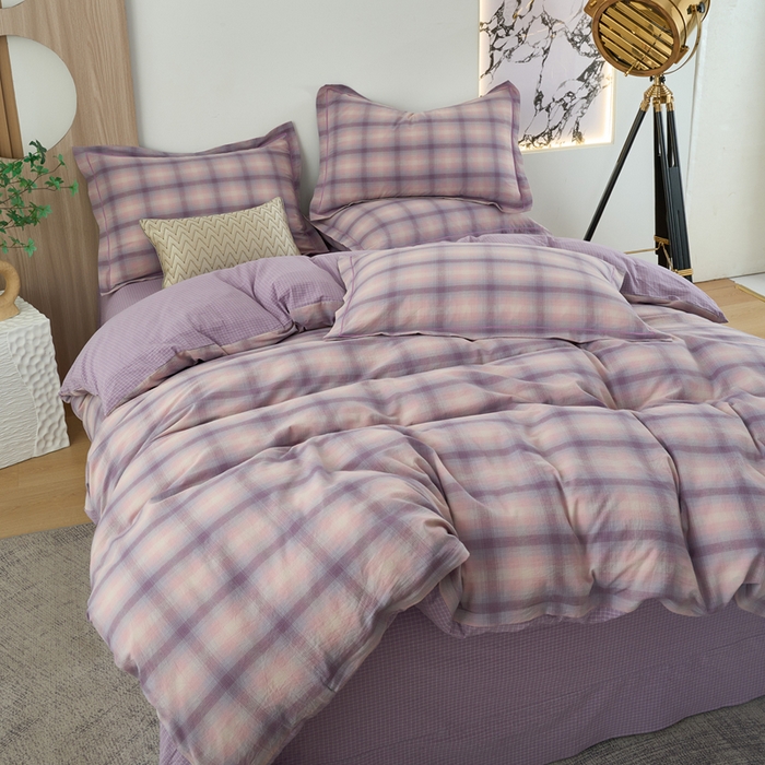 91家纺网 家纺一手货源 找家纺 三沁家居 2025新款格子色织全棉水洗棉四件套直播爆款量大价优 炫彩紫