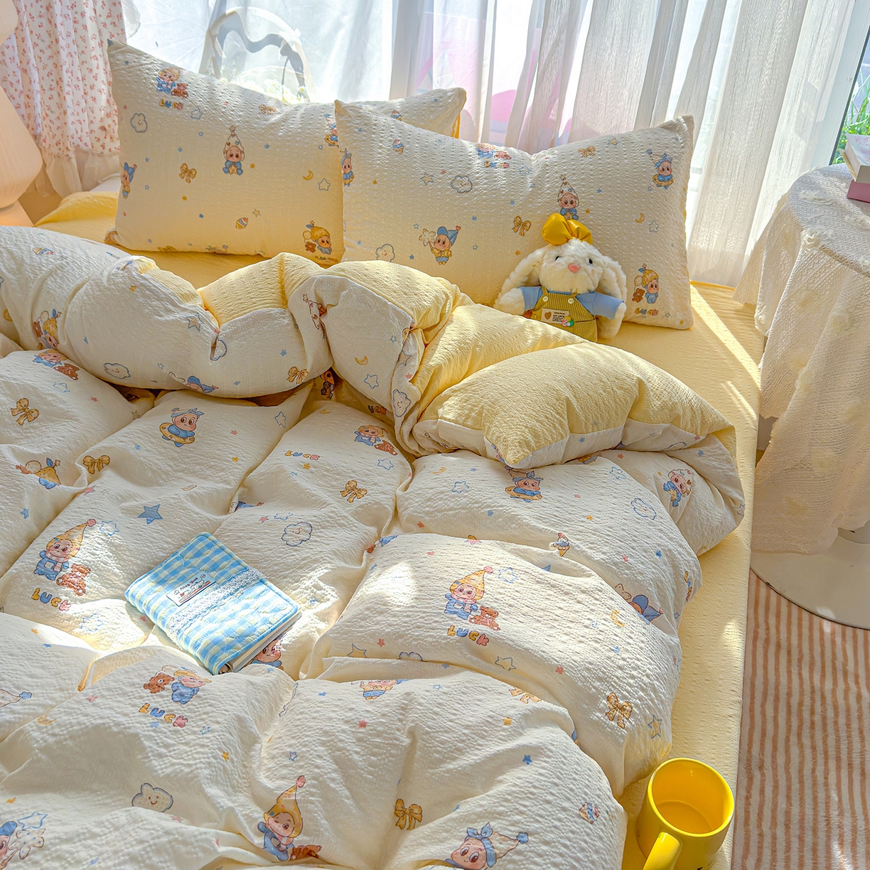 91家纺网 家纺一手货源 找家纺 铺尚美家纺 2026春夏新品高克重A类泡芙纱泡泡皱皱纱四件套 晚安宝贝