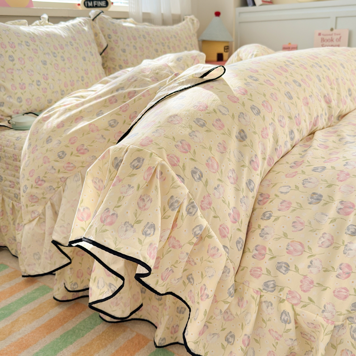 91家纺网 家纺一手货源 找家纺 （总）德比尔斯 2026新款A类仿棉四件套古法水洗棉法式工艺花边床盖仿棉四件套