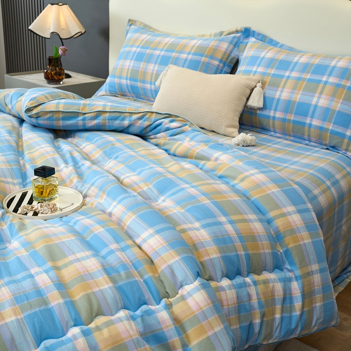 91家纺网 家纺一手货源 找家纺 三沁家居 2025新款全棉色织水洗棉大豆被冬被被子被芯 花影蓝