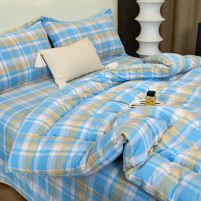 91家纺网 家纺一手货源 找家纺 三沁家居 2025新款全棉色织水洗棉大豆被冬被被子被芯 花影蓝