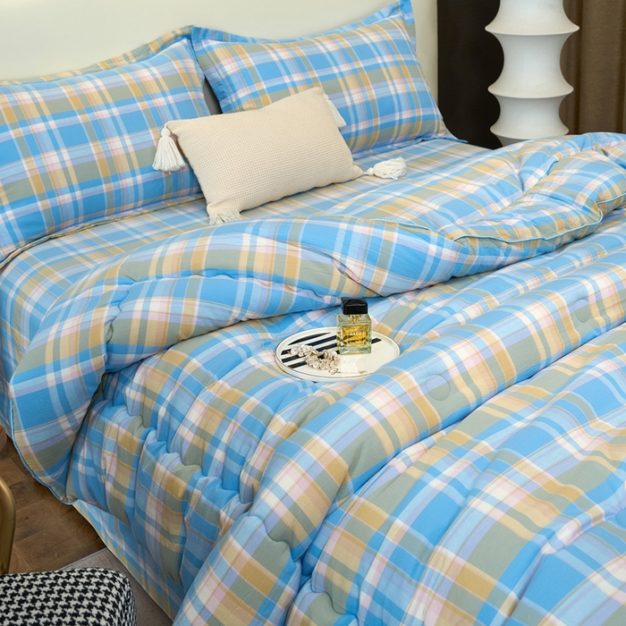 91家纺网 家纺一手货源 找家纺 三沁家居 2025新款全棉色织水洗棉大豆被冬被被子被芯 花影蓝