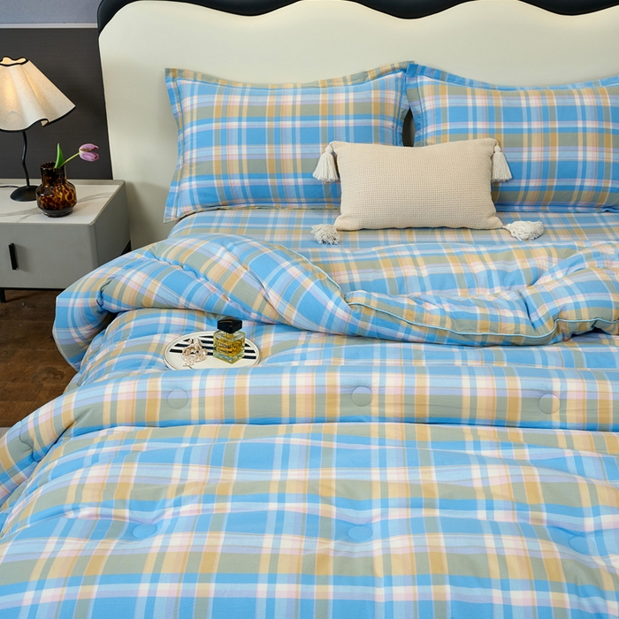 91家纺网 家纺一手货源 找家纺 三沁家居 2025新款全棉色织水洗棉大豆被冬被被子被芯 花影蓝