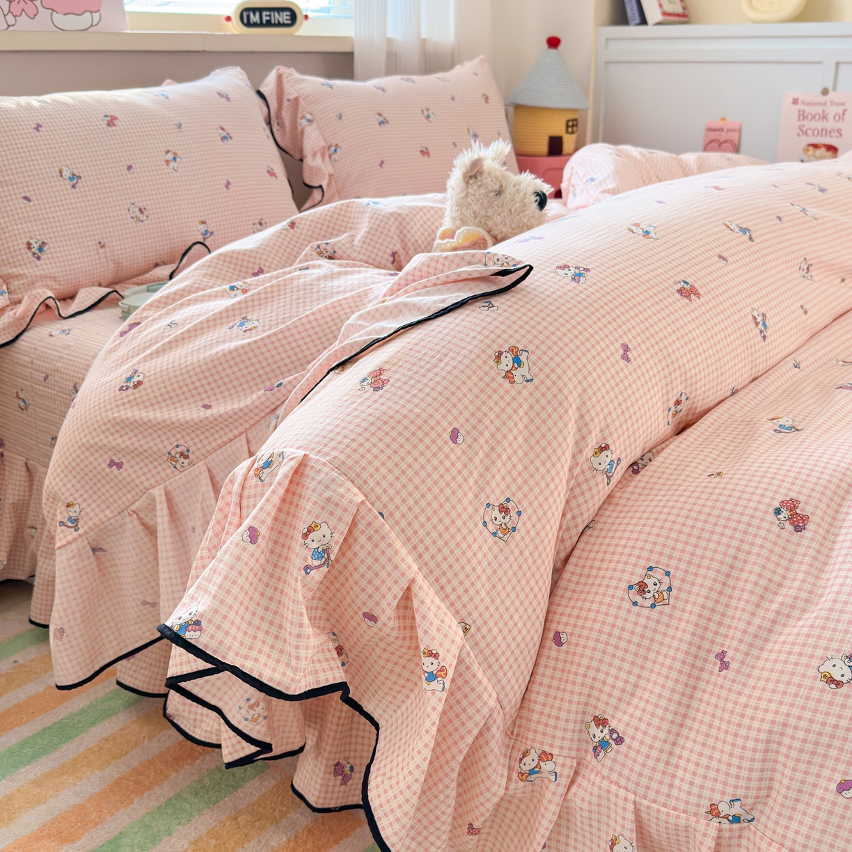 德比尔斯 2026新款A类仿棉四件套古法水洗棉法式工艺花边床盖仿棉四件套 粉格KT猫