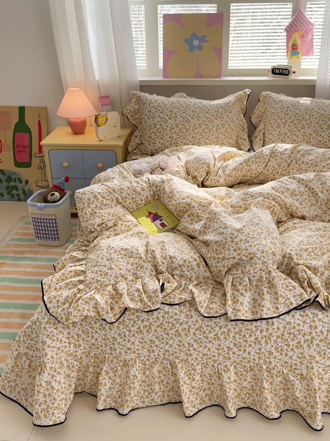 91家纺网 家纺一手货源 找家纺 德比尔斯 2026新款A类仿棉四件套古法水洗棉法式工艺花边床盖仿棉四件套 花田