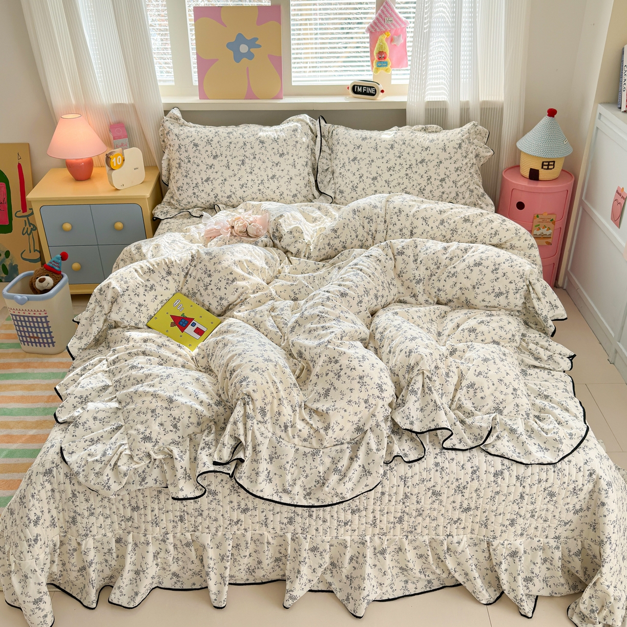 91家纺网 家纺一手货源 找家纺 德比尔斯 2026新款A类仿棉四件套古法水洗棉法式工艺花边床盖仿棉四件套 花枝棠