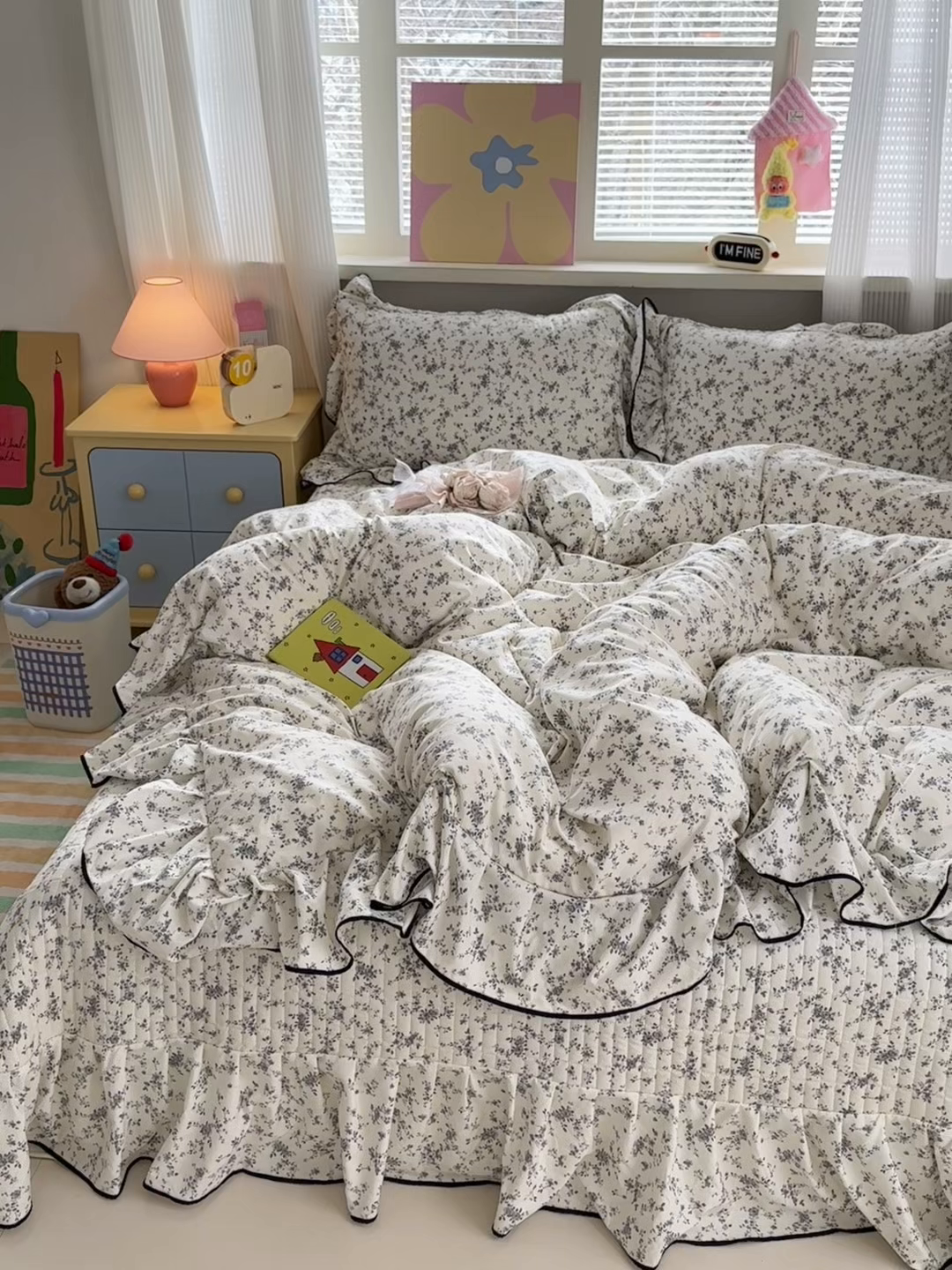 91家纺网 家纺一手货源 找家纺 德比尔斯 2026新款A类仿棉四件套古法水洗棉法式工艺花边床盖仿棉四件套 花枝棠