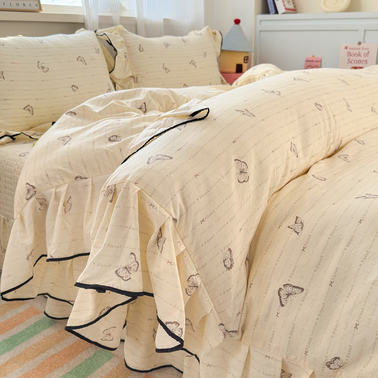 德比尔斯 2026新款A类仿棉四件套古法水洗棉法式工艺花边床盖仿棉四件套 漫花蝶舞