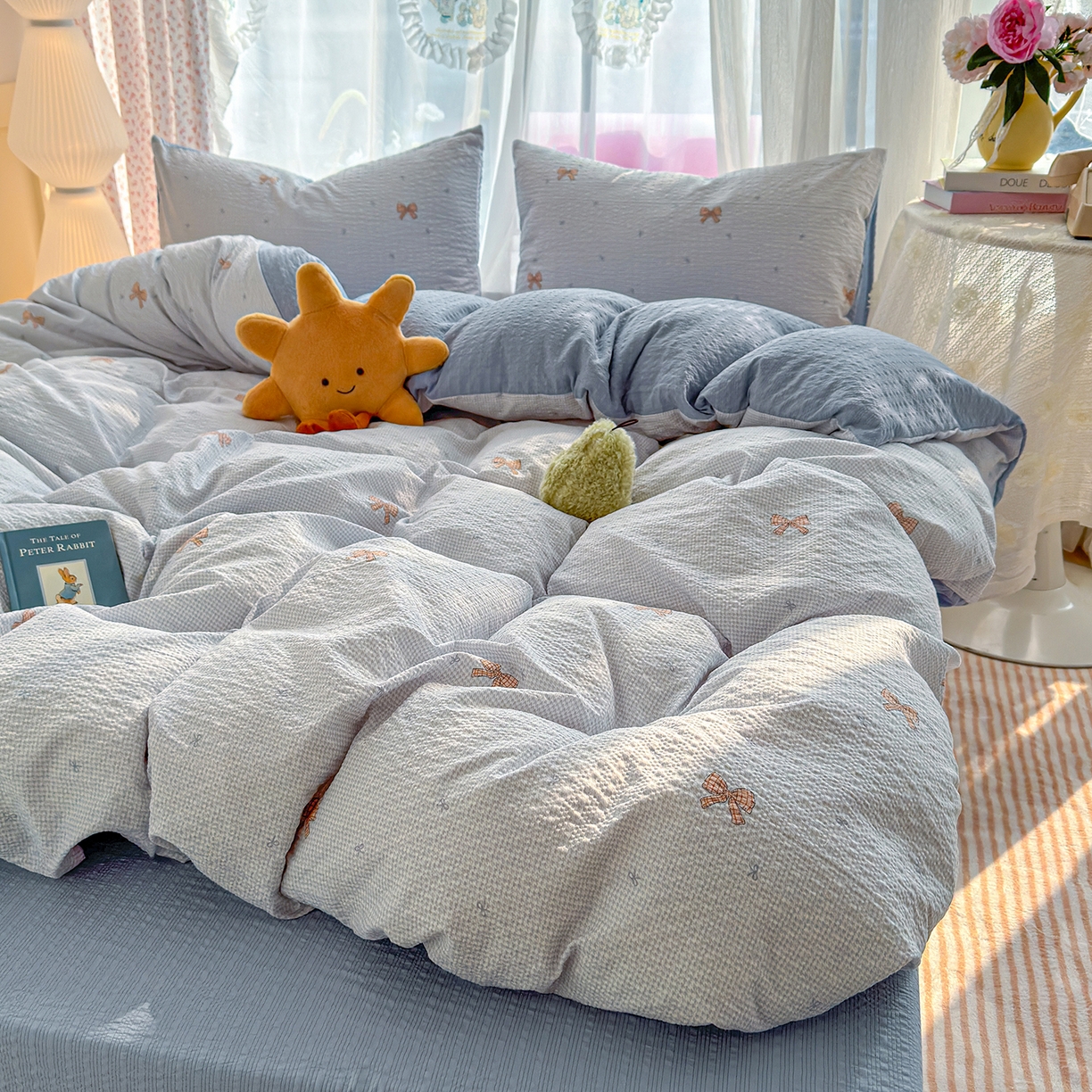 91家纺网 家纺一手货源 找家纺 铺尚美家纺 2026春夏新品高克重A类泡芙纱泡泡皱皱纱四件套 禾里