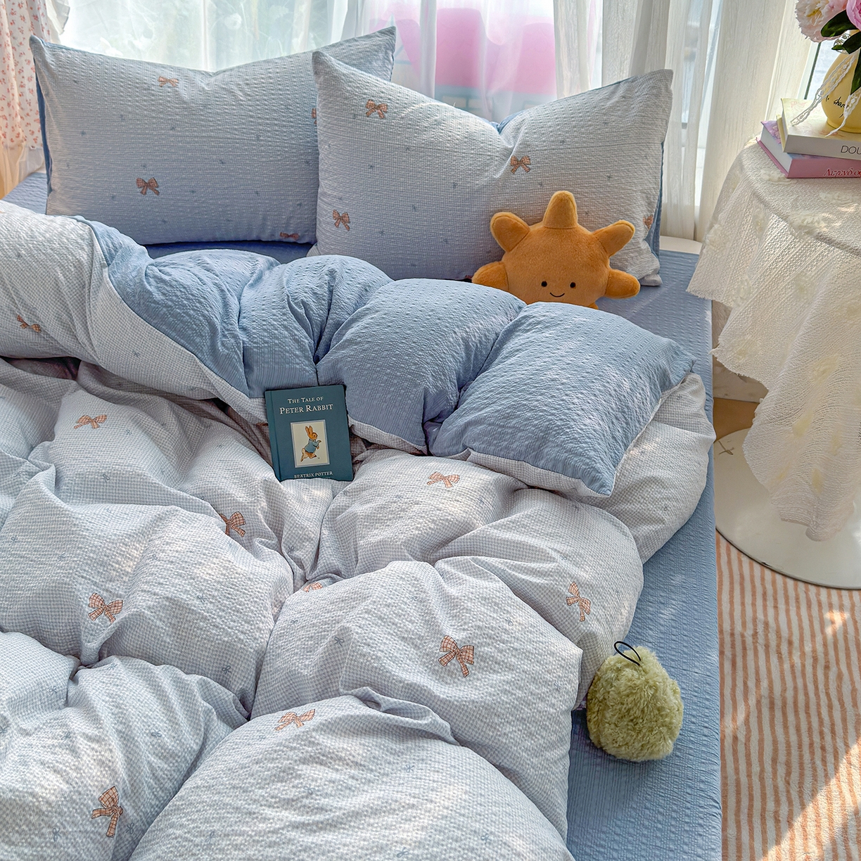 91家纺网 家纺一手货源 找家纺 铺尚美家纺 2026春夏新品高克重A类泡芙纱泡泡皱皱纱四件套 禾里