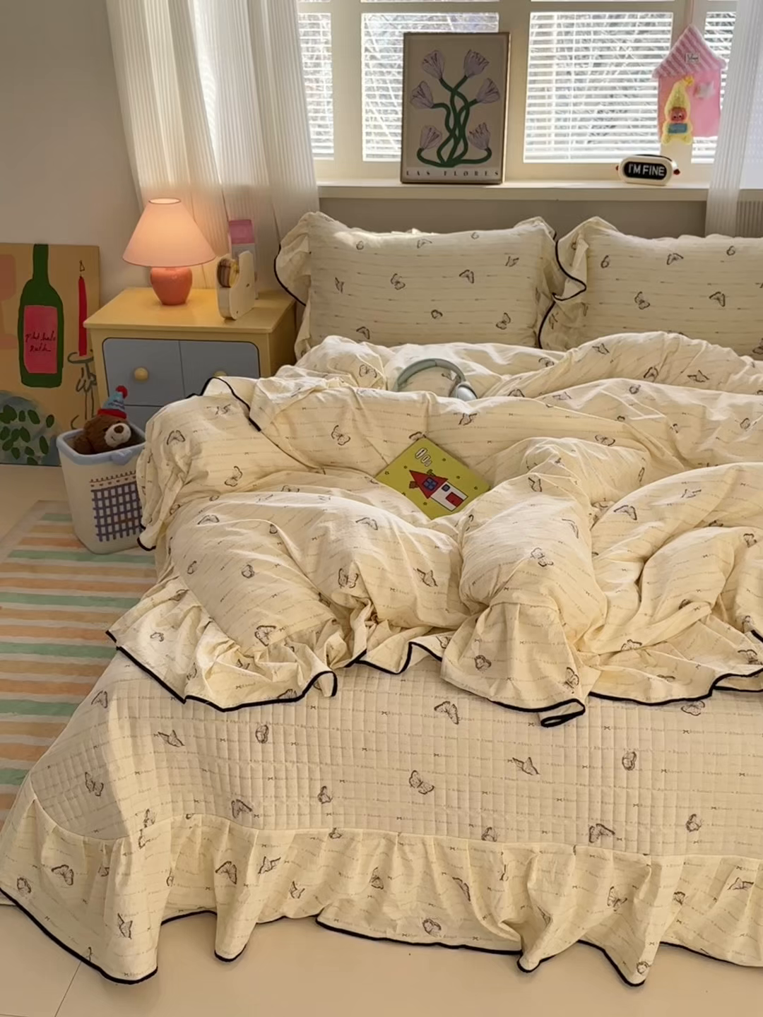 91家纺网 家纺一手货源 找家纺 德比尔斯 2026新款A类仿棉四件套古法水洗棉法式工艺花边床盖仿棉四件套 漫花蝶舞