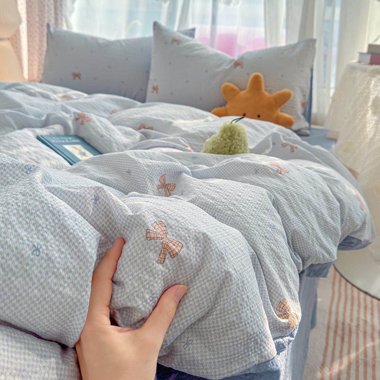 91家纺网 家纺一手货源 找家纺 铺尚美家纺 2026春夏新品高克重A类泡芙纱泡泡皱皱纱四件套 禾里