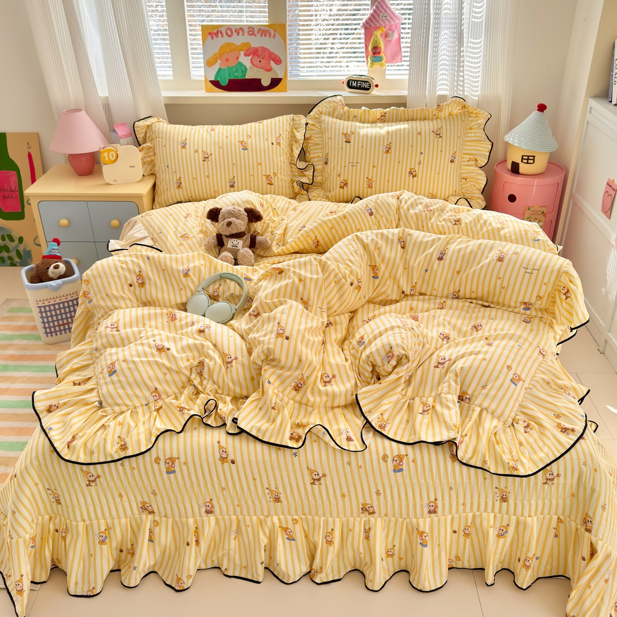 91家纺网 家纺一手货源 找家纺 德比尔斯 2026新款A类仿棉四件套古法水洗棉法式工艺花边床盖仿棉四件套 奶酪星宝