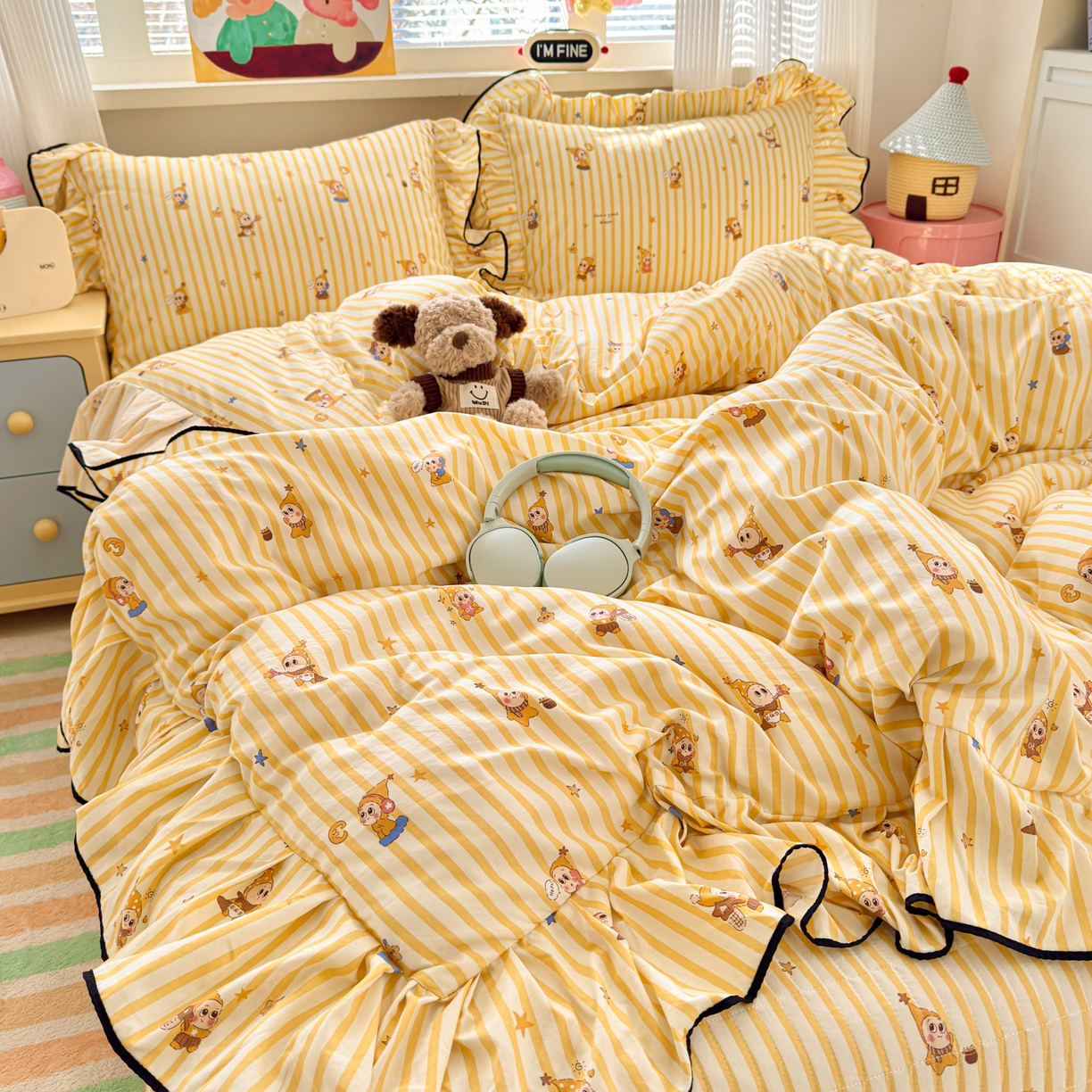 91家纺网 家纺一手货源 找家纺 德比尔斯 2026新款A类仿棉四件套古法水洗棉法式工艺花边床盖仿棉四件套 奶酪星宝