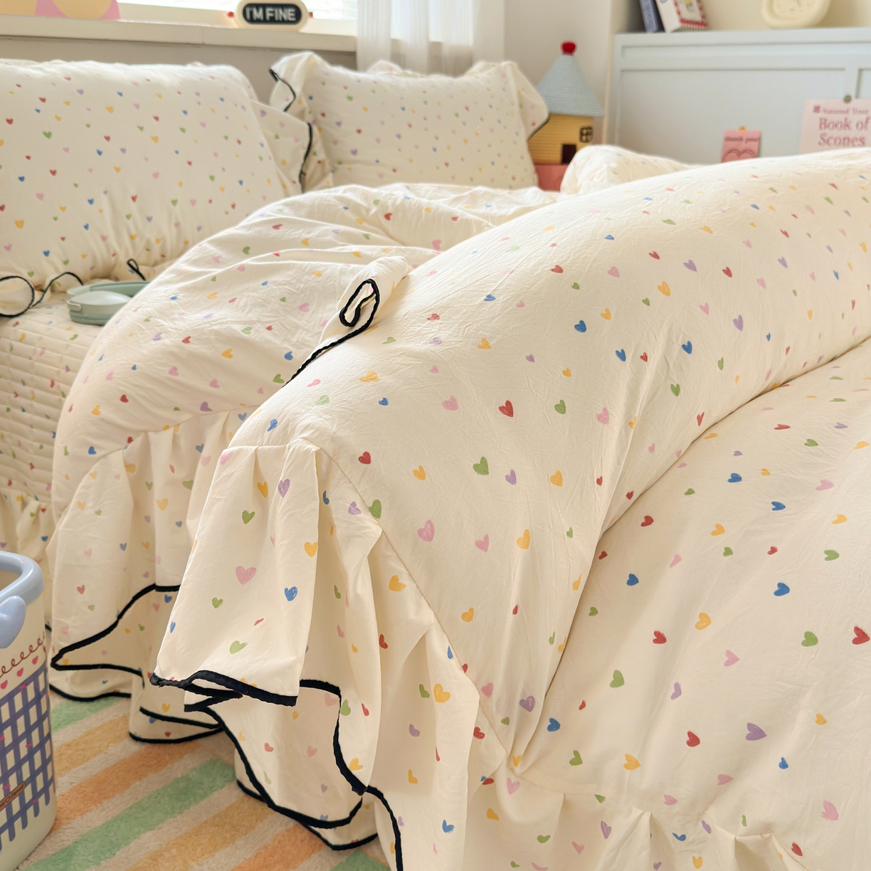 德比尔斯 2026新款A类仿棉四件套古法水洗棉法式工艺花边床盖仿棉四件套 七彩爱心