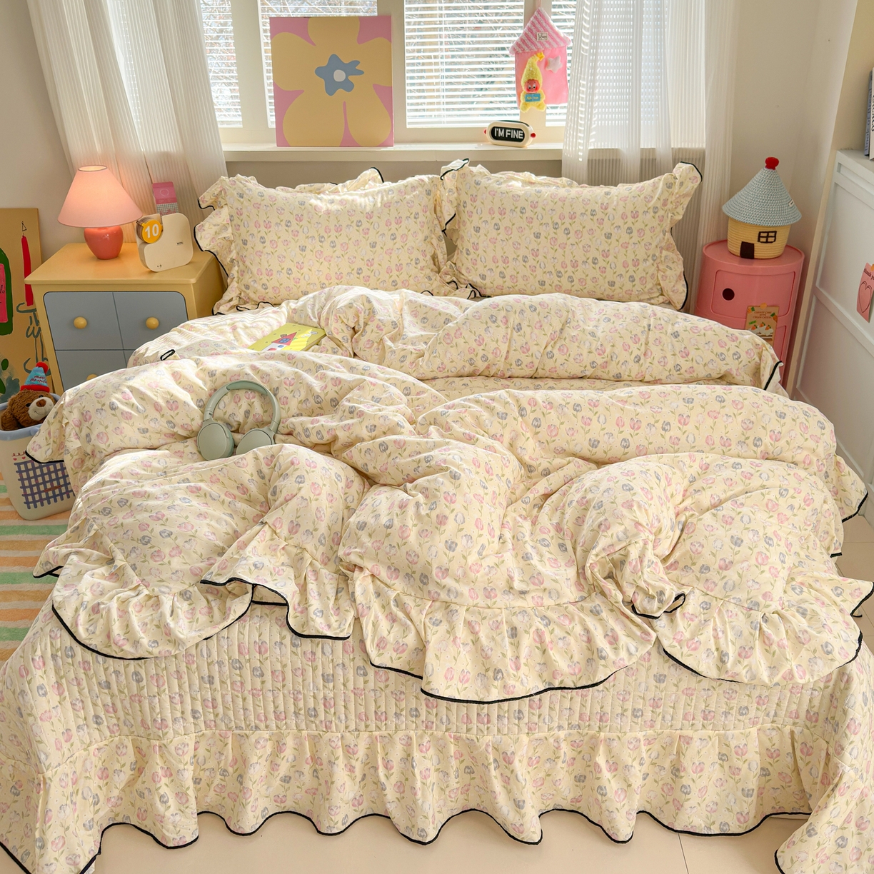 91家纺网 家纺一手货源 找家纺 德比尔斯 2026新款A类仿棉四件套古法水洗棉法式工艺花边床盖仿棉四件套 郁金香