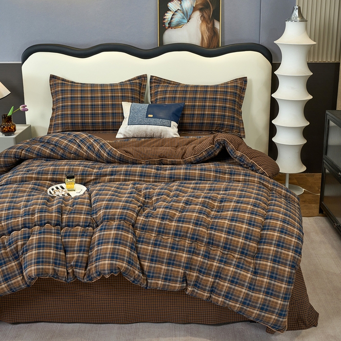 91家纺网 家纺一手货源 找家纺 三沁家居 2025新款全棉色织水洗棉大豆被冬被被子被芯 苏格兰咖