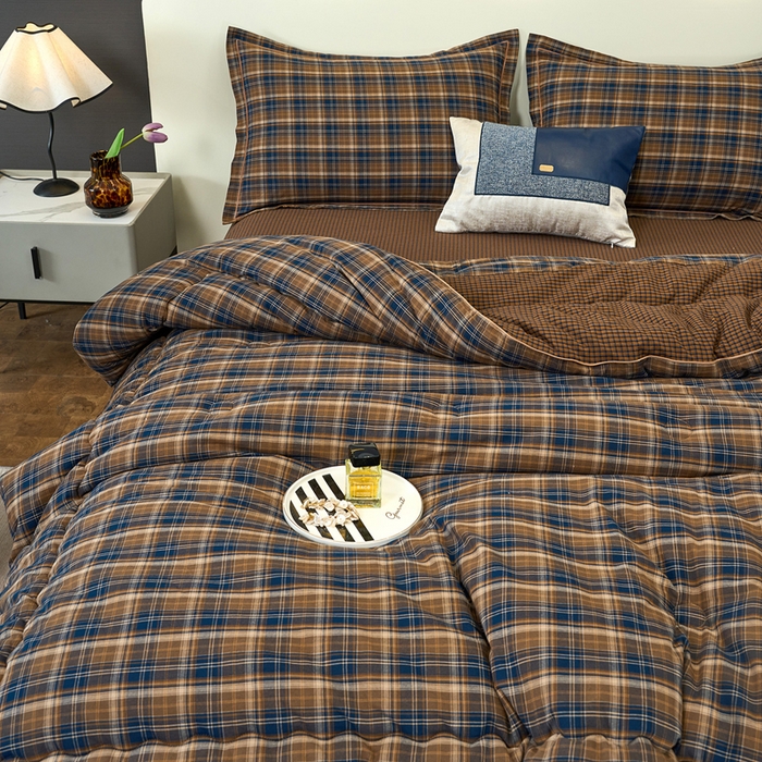 91家纺网 家纺一手货源 找家纺 三沁家居 2025新款全棉色织水洗棉大豆被冬被被子被芯 苏格兰咖