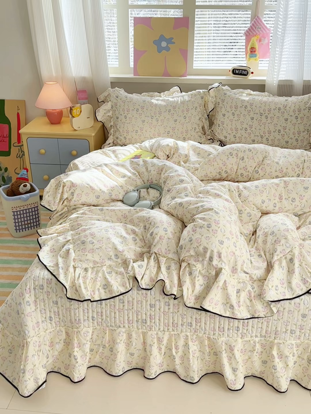 91家纺网 家纺一手货源 找家纺 德比尔斯 2026新款A类仿棉四件套古法水洗棉法式工艺花边床盖仿棉四件套 郁金香