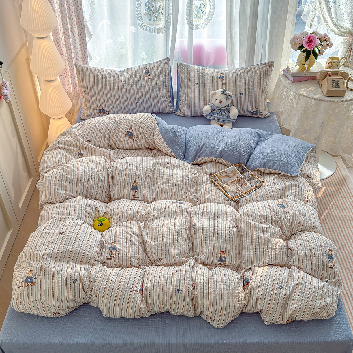 91家纺网 家纺一手货源 找家纺 铺尚美家纺 2026春夏新品高克重A类泡芙纱泡泡皱皱纱四件套 熊先生