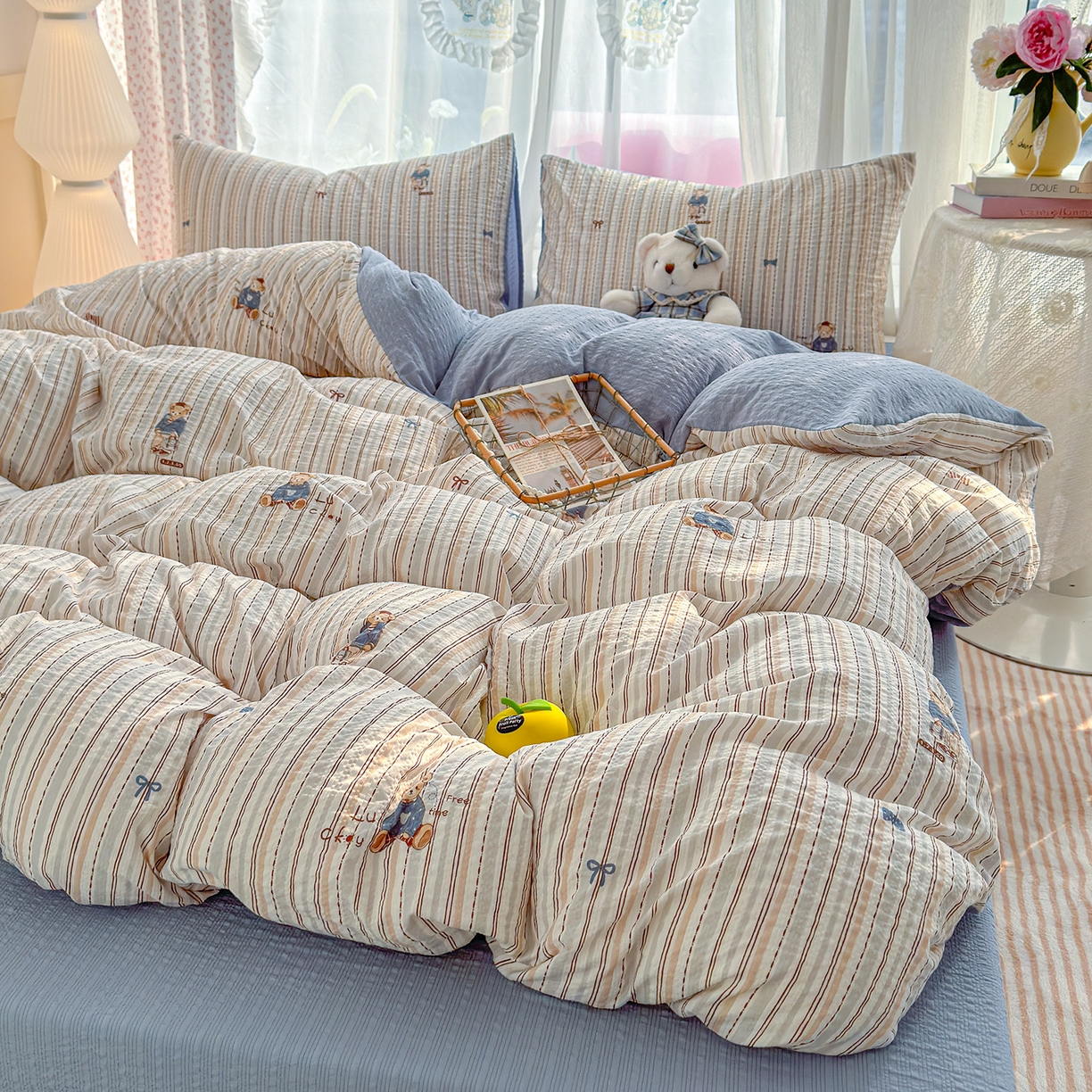 91家纺网 家纺一手货源 找家纺 铺尚美家纺 2026春夏新品高克重A类泡芙纱泡泡皱皱纱四件套 熊先生